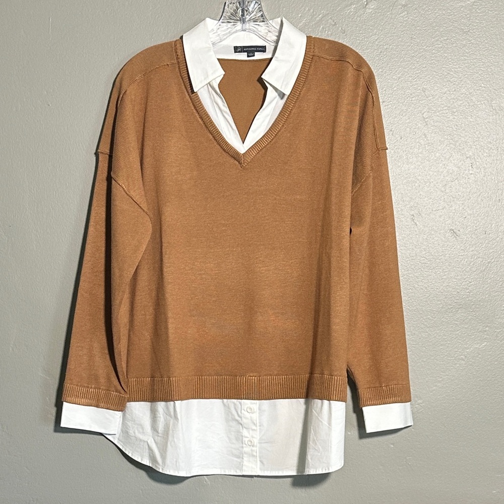 Adrianna Papell Tan V-Neck Sweater with White Collar
